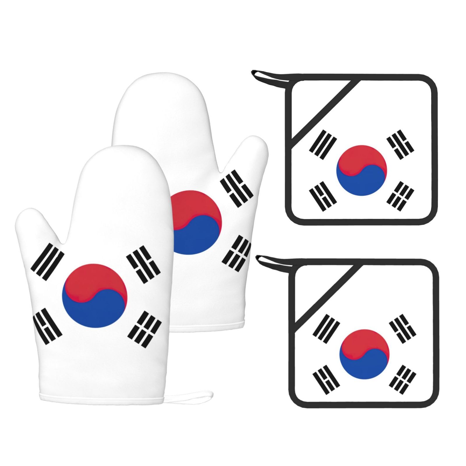 Flag of Republic of Korea Printed Kitchen Oven Gloves and Potholder 4 Pcs, Non-Slip Heat Resistant Mitts for Baking Chef