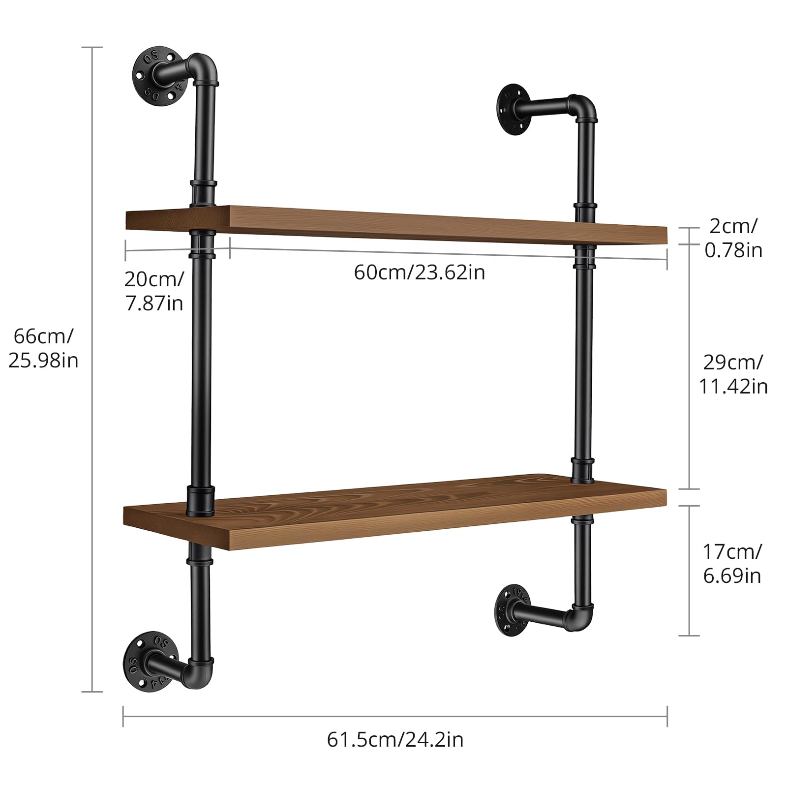 Tanice Estantes industriales de tubería montados en la pared, estante de madera rústica de 2 niveles para cocina y dormitorio, almacenamiento de estilo vintage con diseño resistente