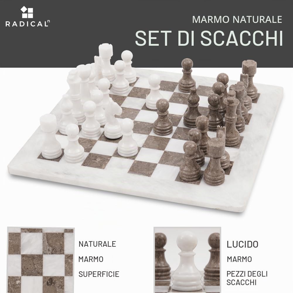 Radicaln da 15 pollici Set di scacchi in marmo fatto a mano, bianco e grigio, classico gioco da tavolo per famiglie oceaniche per adulti, scacchiera in marmo di lusso e pezzi degli scacchi