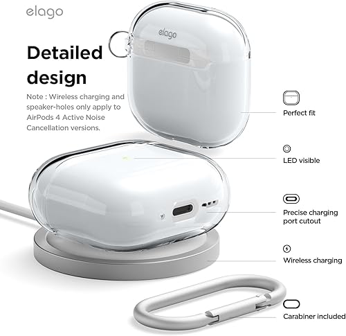 Miniatura 5 de elago Funda transparente para AirPods 4, compatible con AirPods de 4ª generación, mosquetón incluido, reducción del amarilleo, carga inalámbrica,