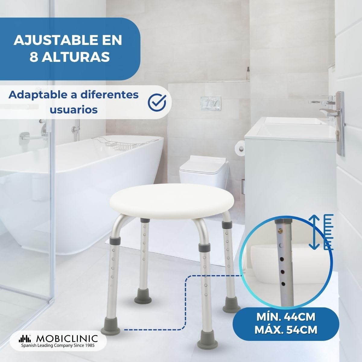 Mobiclinic®, Taburete baño, Conteras Antideslizantes, Asiento Confortable, Banqueta de Ducha, hasta 100 kg, Ligera y Resistente, Aluminio (Cloruro de polivinilo (PVC))