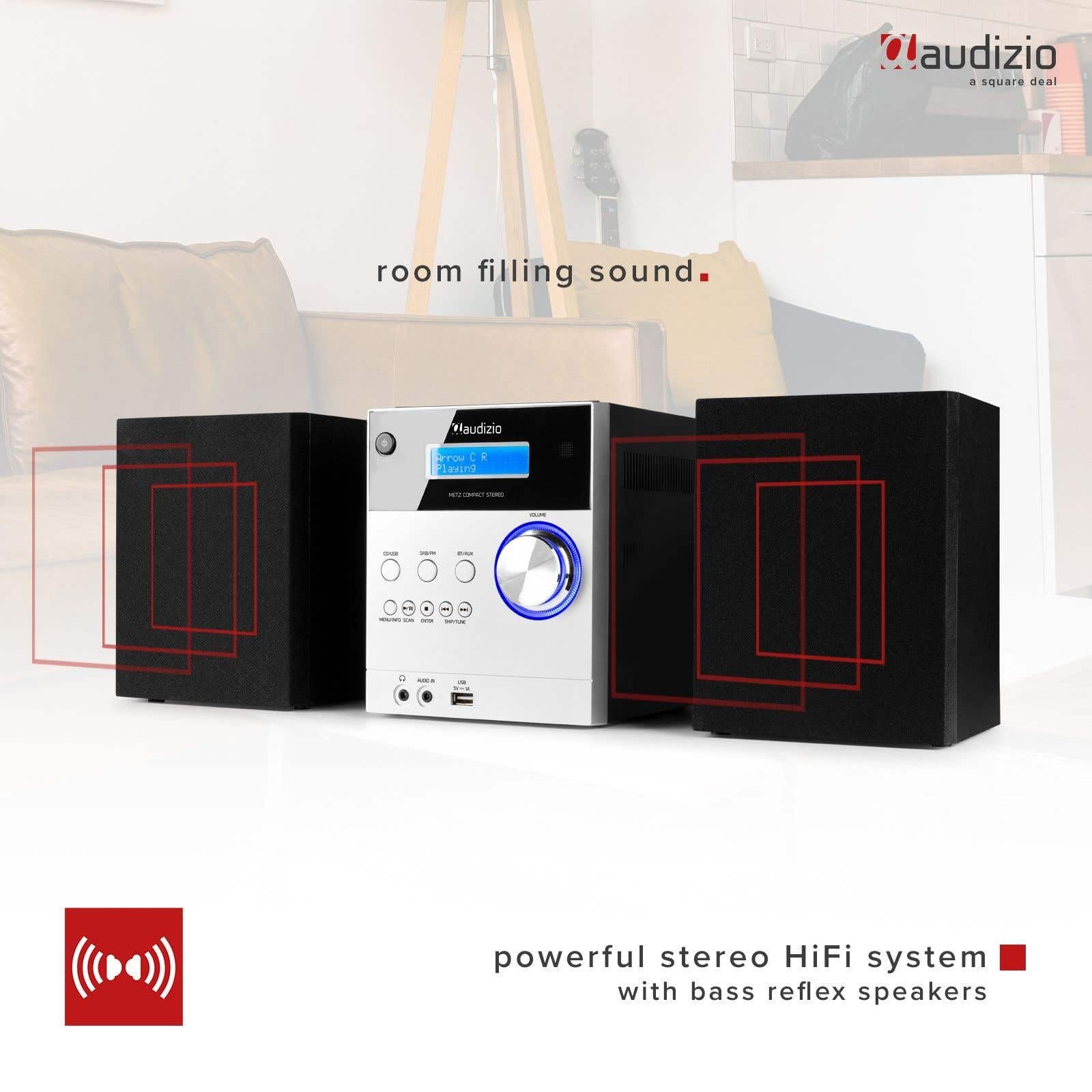 Audizio Metz - Radio Système HiFi Dab+ et Lecteur CD avec Bluetooth - Aluminium, Écran LCD, Lecteur MP3, Radio FM, Télécommande Incluse, Idéale pour Écouter Vos Stations et Musiques Préférées