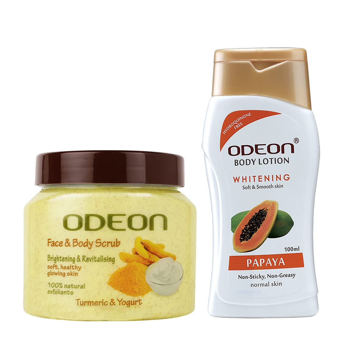 ODEON FREE Whitening Papaya Body Lotion, 100 ML with Turmeric & Yogurt Face and Body Scrub, 300ML | Brightening & Revitalising