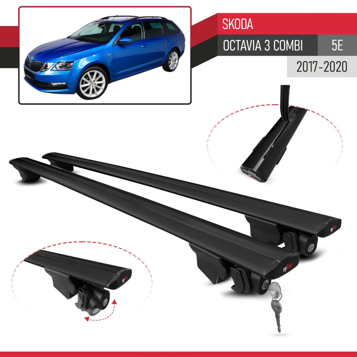 Kompatybilny z Compatible with Skoda Octavia 3 (5E) SW Post-Facelift 2017-2020 HOOK Model Aluminiowy bagażnik dachowy 2 poprzeczki, czarne