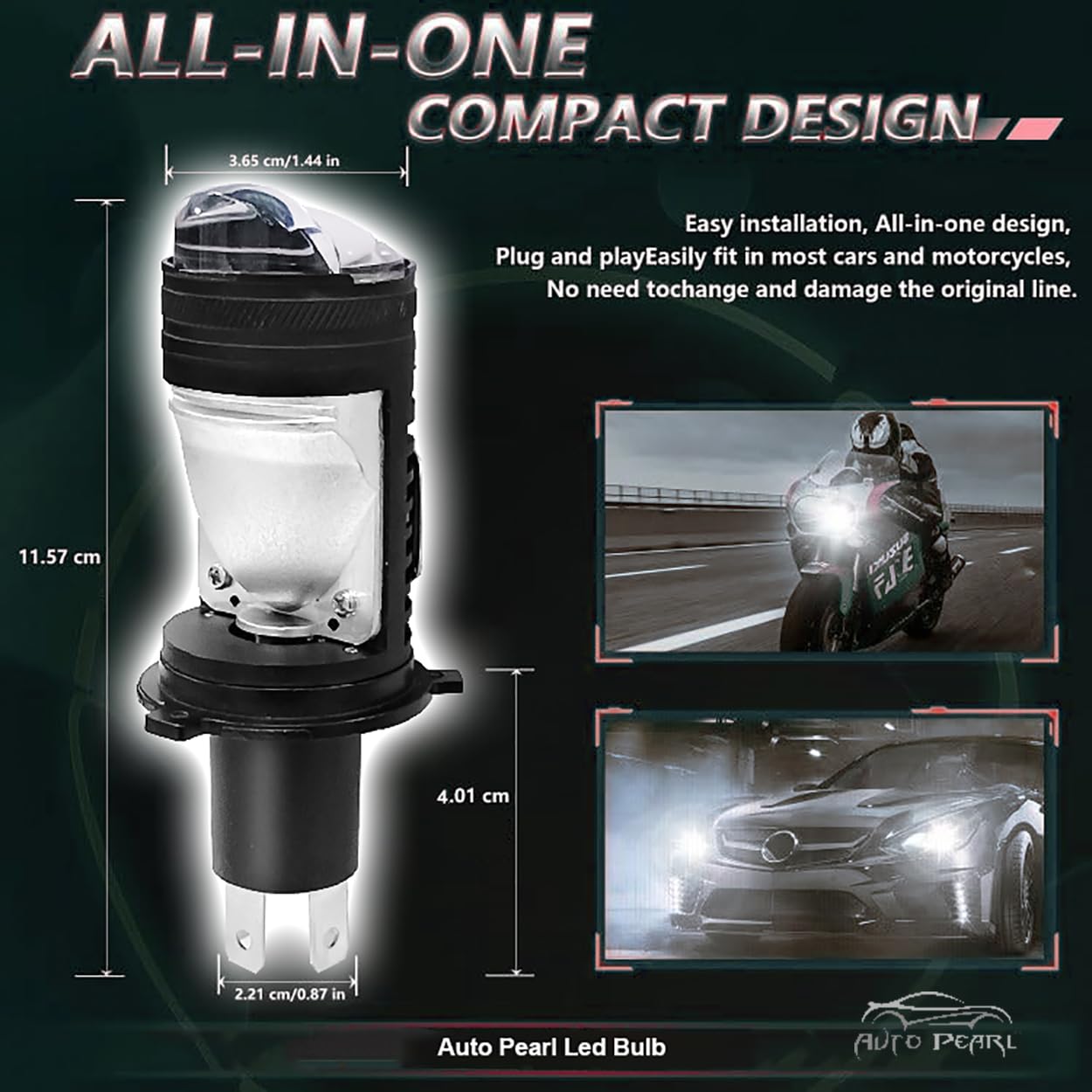 Auto Pearl H4 LED Projector Lens Motorcycle Headlight Bulbs 12V 8000LM Bulb H4 CSP Chip High/Low Beam, 45W-55W Canbus Turbo, 6000K White Light compatible with Hunter_350 (Pack of 1) - Image 3 thumbnail