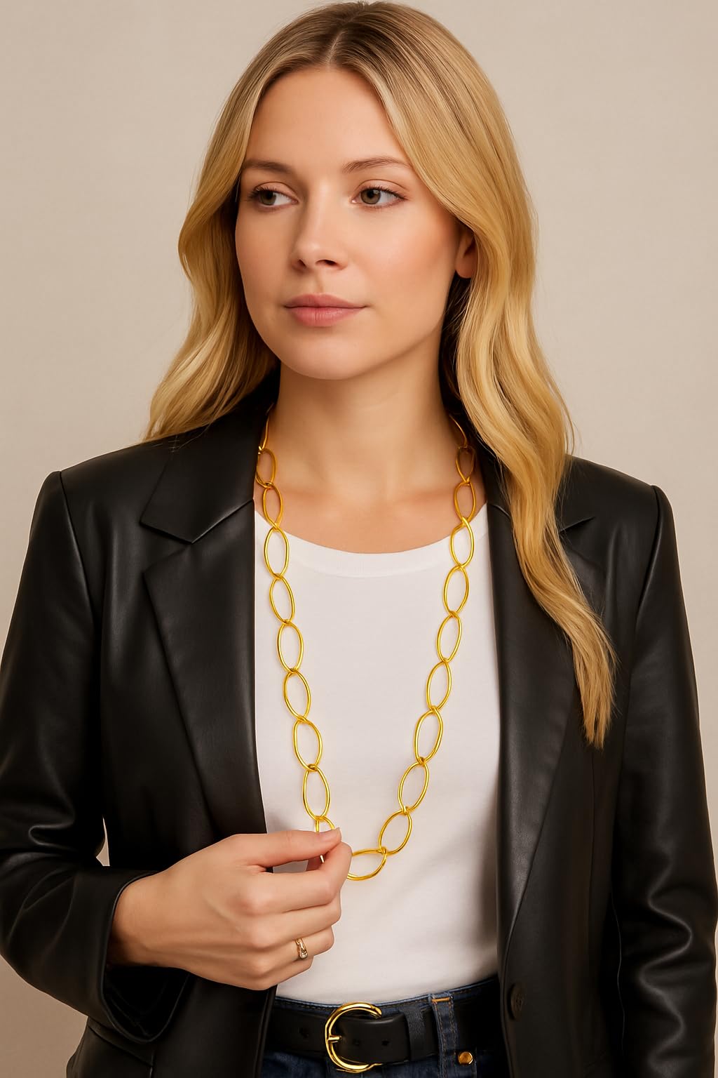 MAJALE - Cadena Oval de Acero Inoxidable - Collar de Acero Inoxidable con Acabado en Baño de Oro de 18Kt y Rodio - 90cm +5cm Extra - Estilo Versátil como Collar o Cinturón - Joyería Mujer