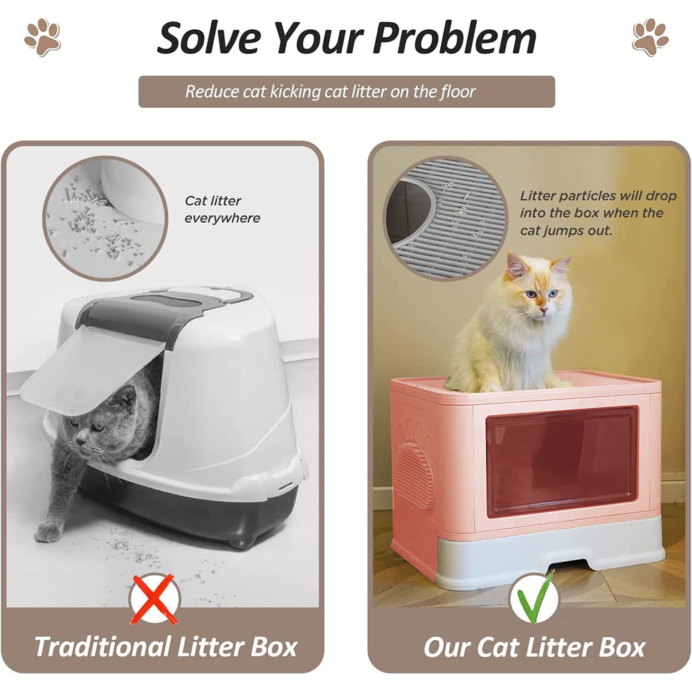 Caja de arena para gatos con tapa, caja de arena para gatos con pala, bandeja extraíble, 2 aberturas, fondo a prueba de fugas. (B-rosa)