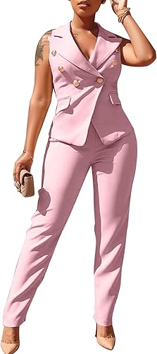 Traje de blazer de negocios para mujer, con volantes, sin mangas, de dos piezas, color liso, para trabajo, negocios, oficina, conjuntos de trajes de