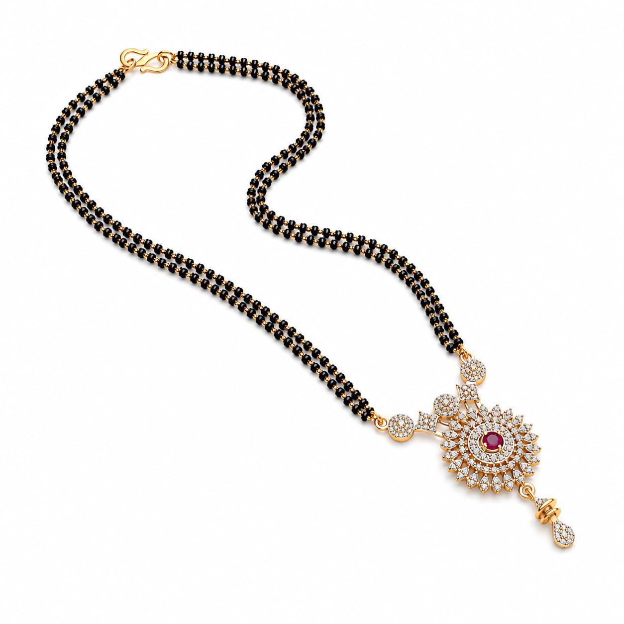 Women's Designer Mangalsutra Necklace with American Diamond CZ Studded Floral Sunburst Pendant, Double Strand Black Bead Chain, Traditional Artificial Jewellery for Wedding, Party & Daily Wear-image-0