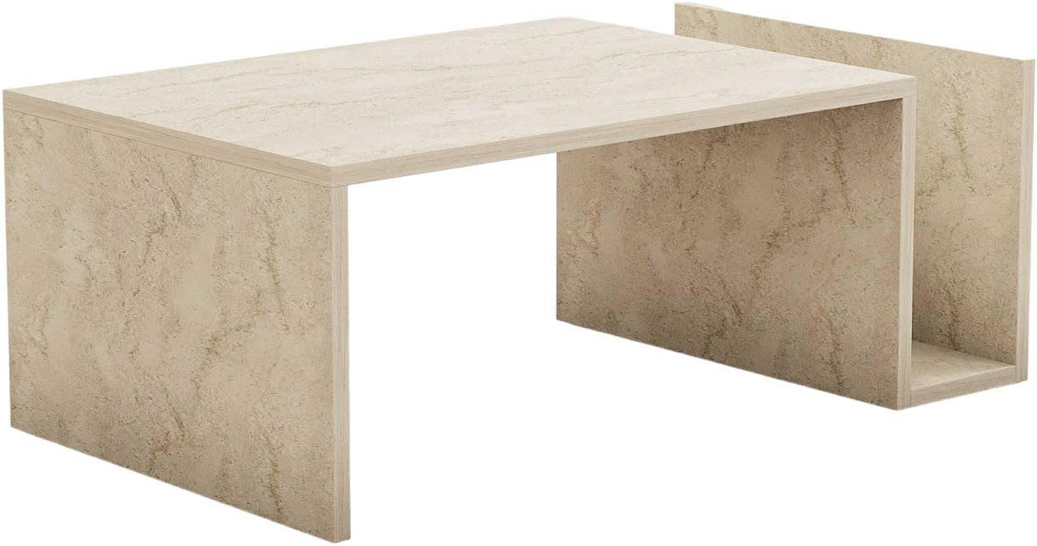 Elegant Coffee Table, Travertine Colour, 86.8 x 32.4 x 50 cm, 100% Melamine Coated Particle Board, 18 mm Thick, Wall-Mountable, Stylish Marble Design