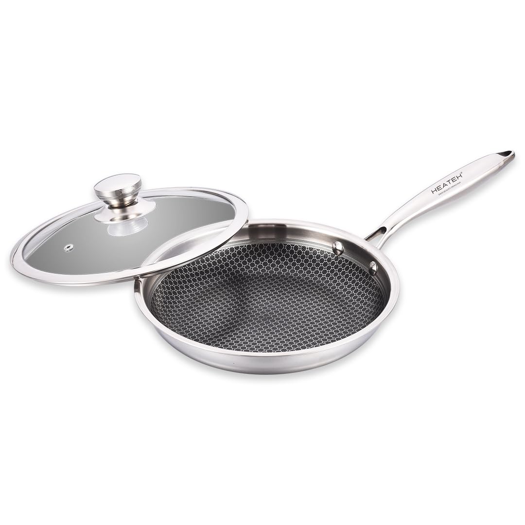 Set di 3 Padelle + Wok | Padella Antiaderente in Acciaio Inox Triplo Strato con Coperchio in Vetro | Antiaderente e Antigraffio | Adatta a tutti i Piani Cottura (HEATEK SET)