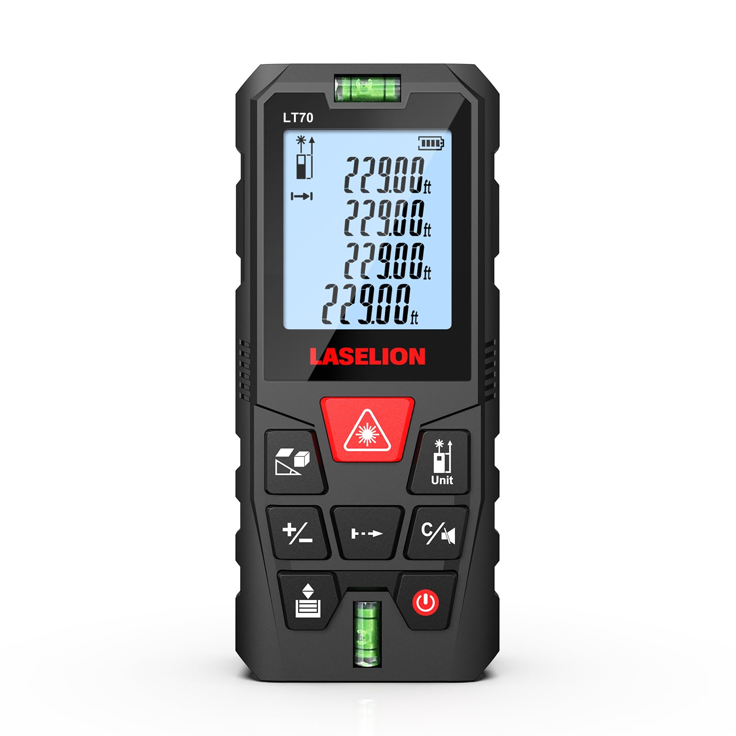 LT70 Laser Measure, 229ft/70m Laser Measurement Tool, with 2 Bubble Levels, Measuring Tool 4 Units Conversion、LCD Backlit Display, IP54 Waterproof, Pythagorean Mode for Distance, Area, Volume