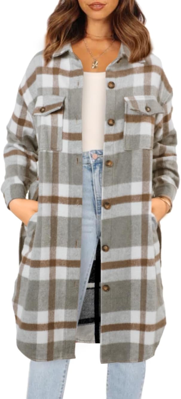 NIeyook Plaid Shacket Jacket Women Button Down Long Flannel Shirt Fall Oversized Jackets Casual Shaket Lapel Winter Coats - Image 3