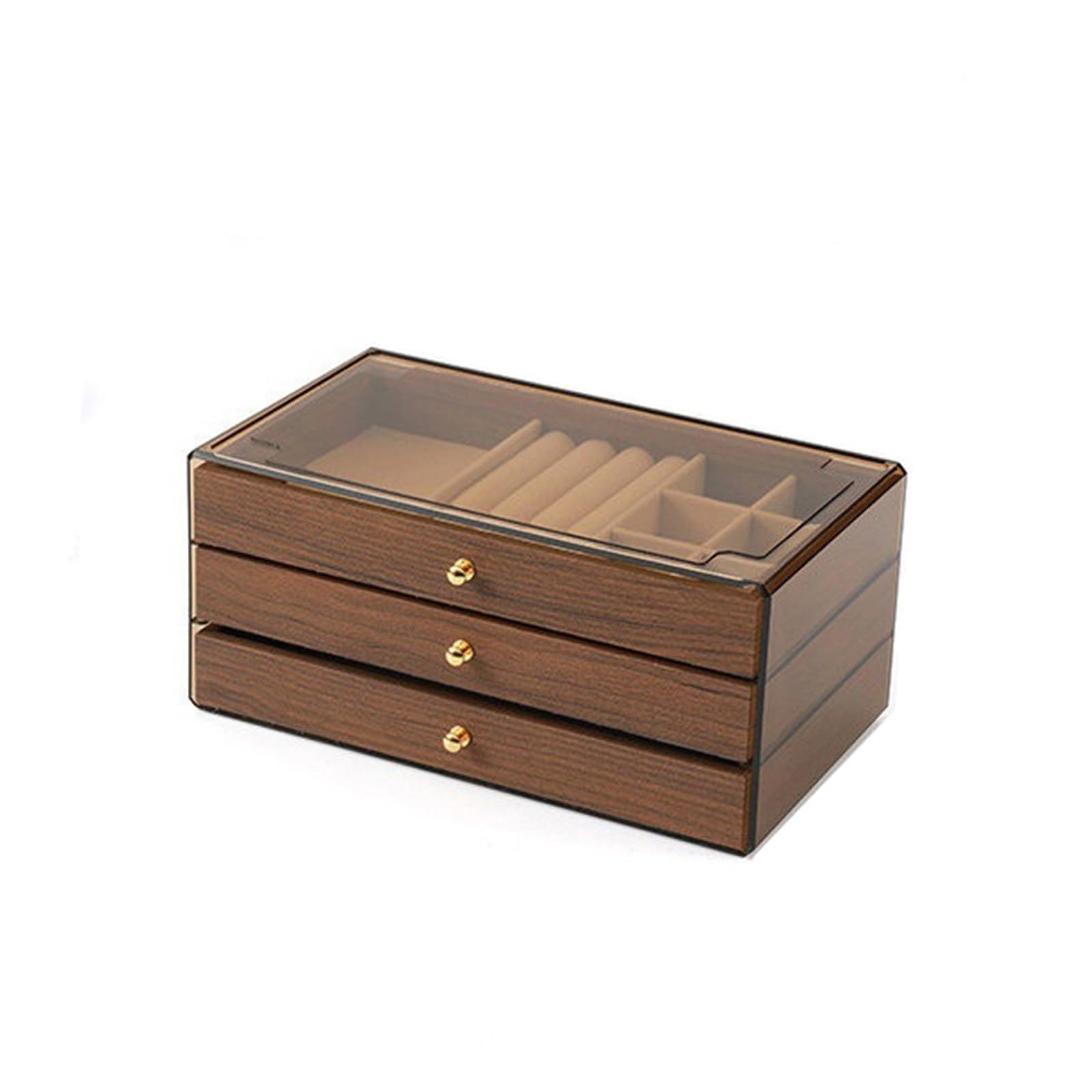 Kx9Lb8d Jewelry Chest Walnut Wood Grain Jewelry Box Multi-layer Drawer Type Large Capacity Storage Case With Transparent Lid