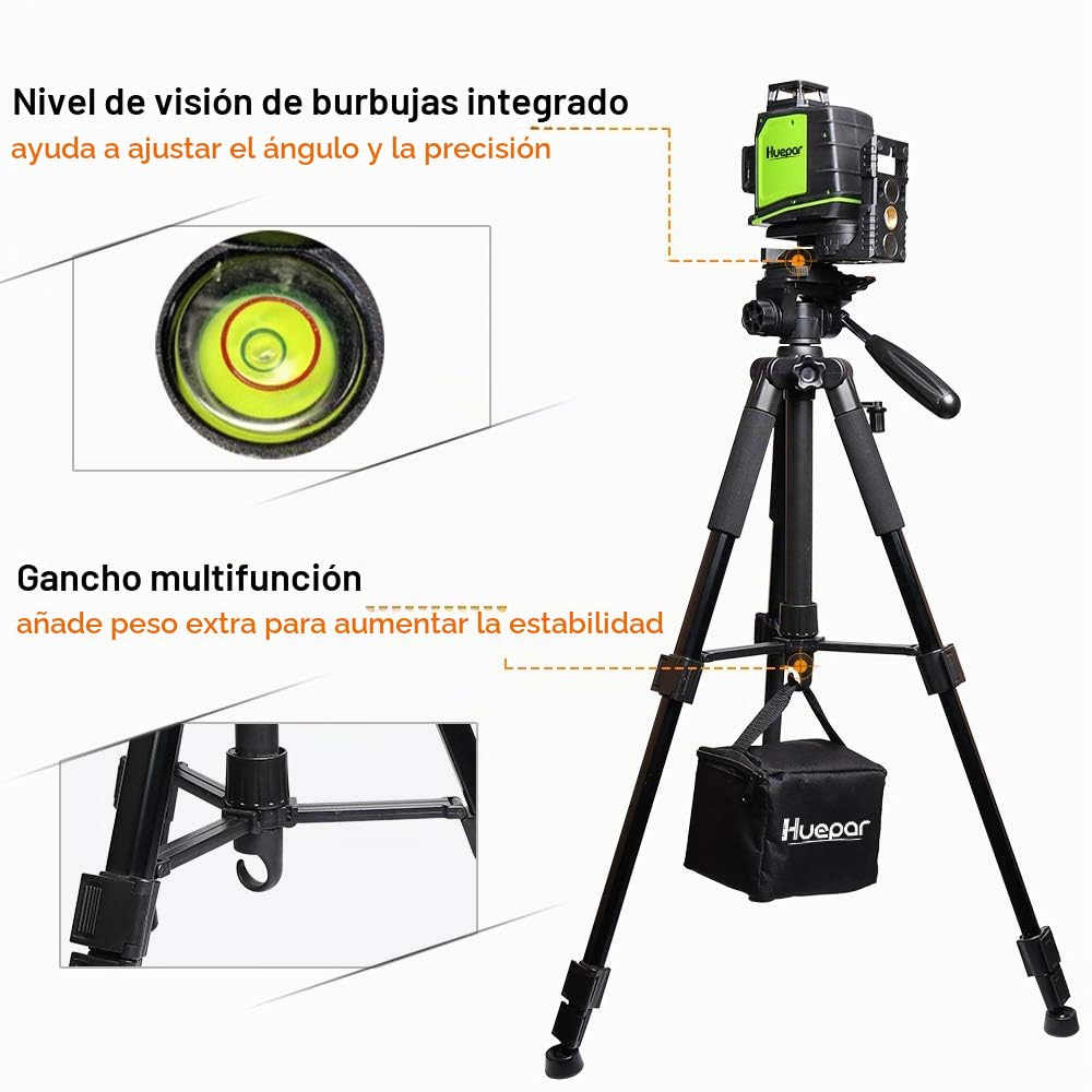 Huepar TPD14 Láser autonivelant Nivel de luz láser trípode Ajustable 56"/143cm con Cabezal Giratorio de 3 vías, Placa de liberación rápida con Montaje de Tornillo de 1/4"-20 y 5/Tuerca Adaptador