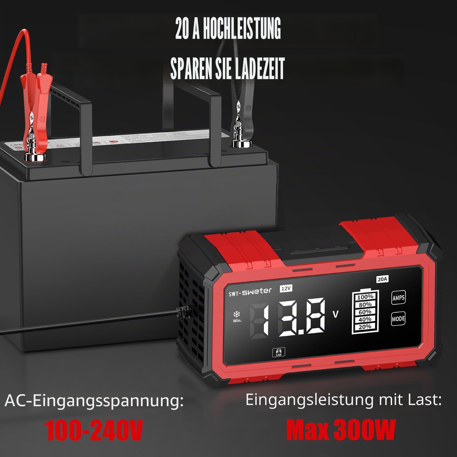 20A Autobatterieladegerät, 12V/24V Lifepo4 Blei-Säure Ladegerät, Intelligentes Erhaltungsgerät für AGM, Auto, Motorrad, Boot, Wohnwagen