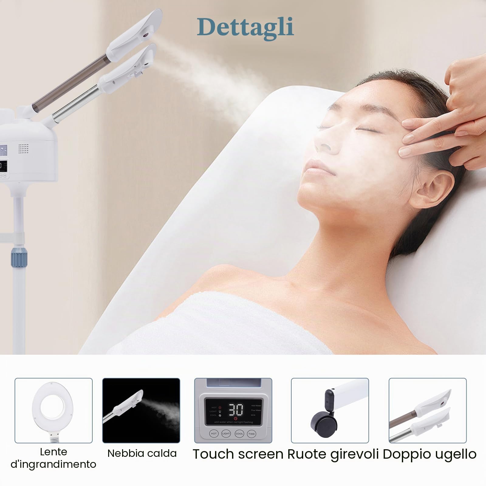 Vapozone Estetica Professionale 3 in 1 Vapore Viso con Luce LED e Lente d'ingrandimento Altezza Regolabile Modalità Calda e Fredda Ugello Girevole 360°, Per Salone di Bellezza