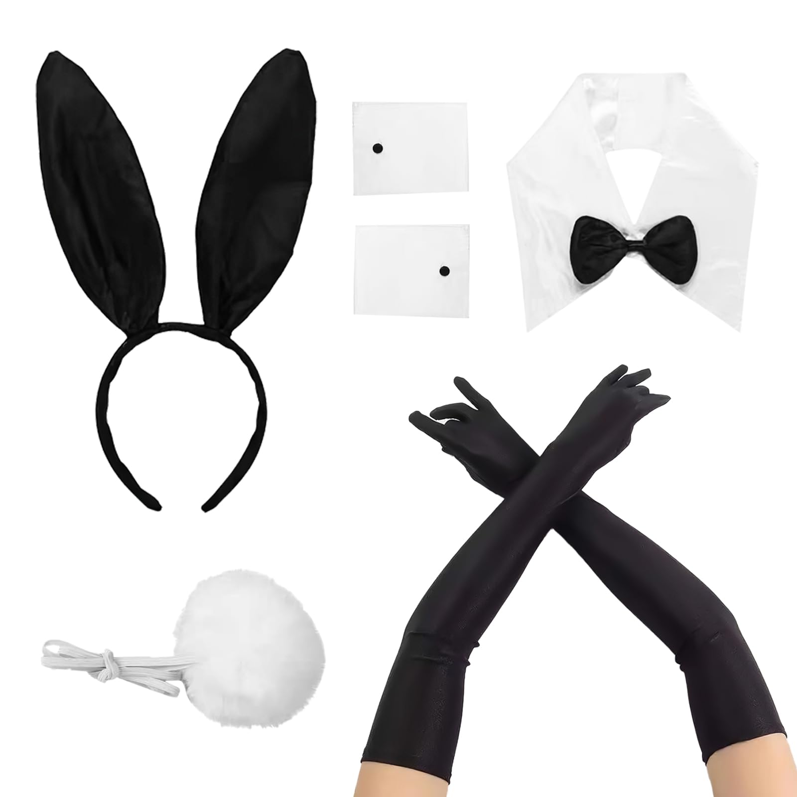 EULAPGOE Bunny Accessory Set Bunny Costume Accessory Set, Rabbit Ear Headband Bow Tie Cuffs Gloves Tail Cosplay Costume Accessories Set for Game Easter