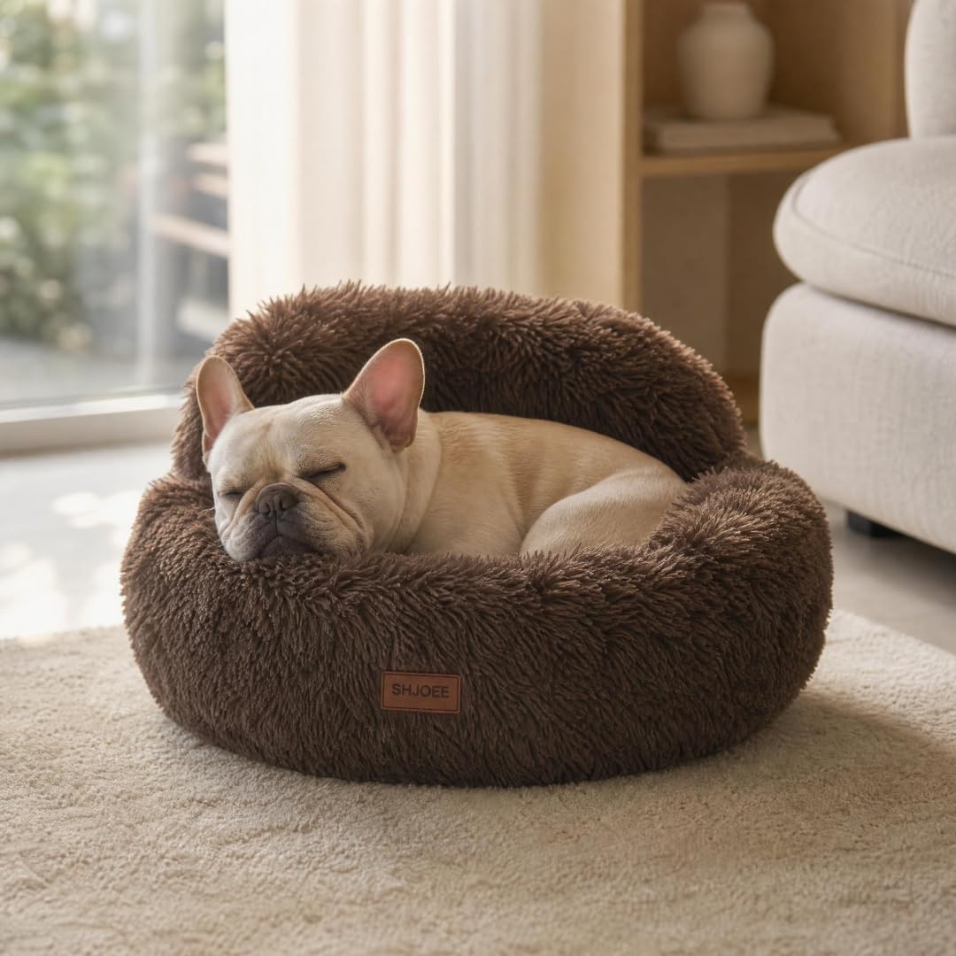 Cama para perros de peluche, suave, mullida, con borde alto y forro polar acogedor, para gatos y perros pequeños y medianos, transpirable y cálida, lavable (marrón café, 60 cm)