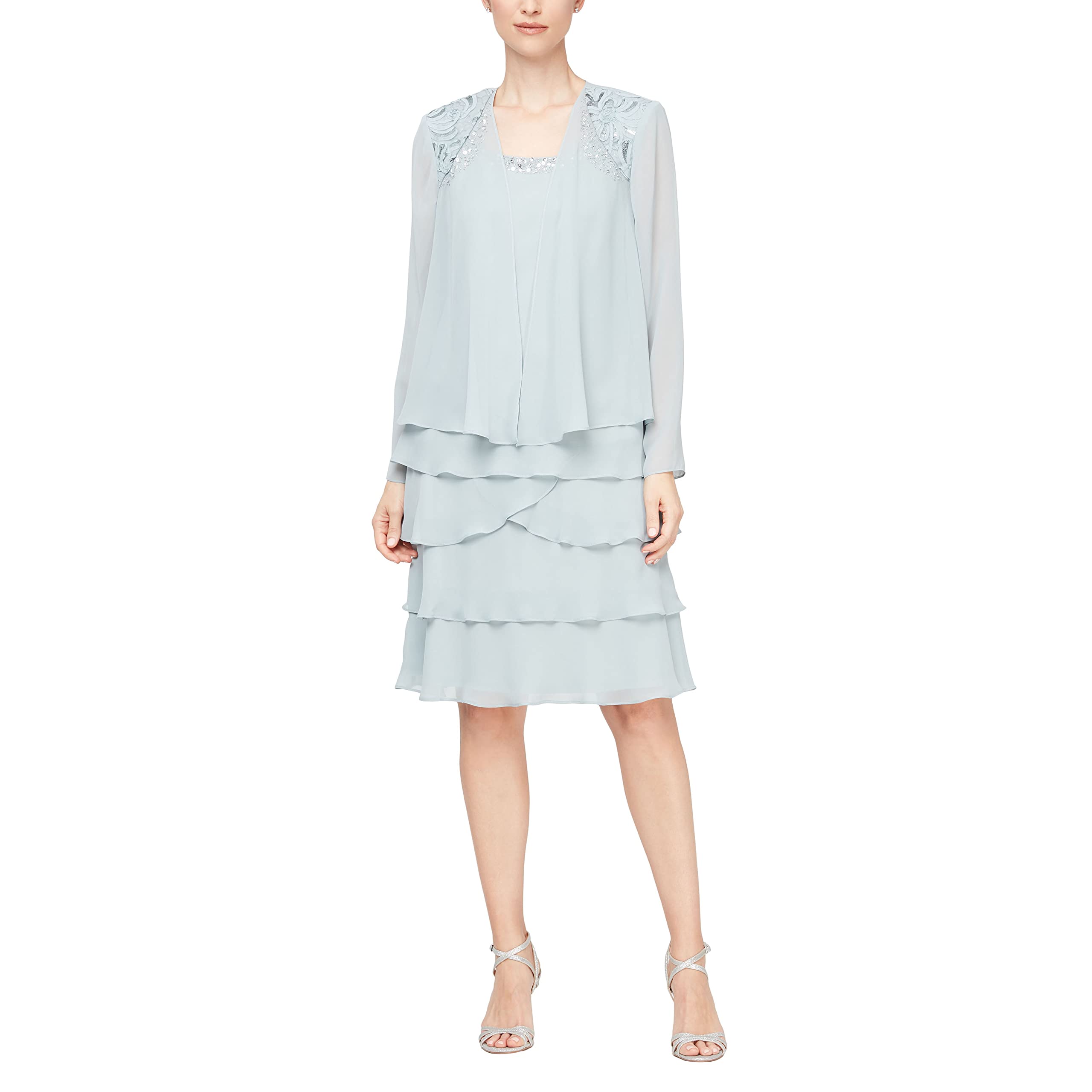 S.l. Fashions Women's Aloe Mother Of The Bride Tiered Jacket Dress With Shoulder Embellishment (Petite And Regular Sizes) Special Occasion, 12