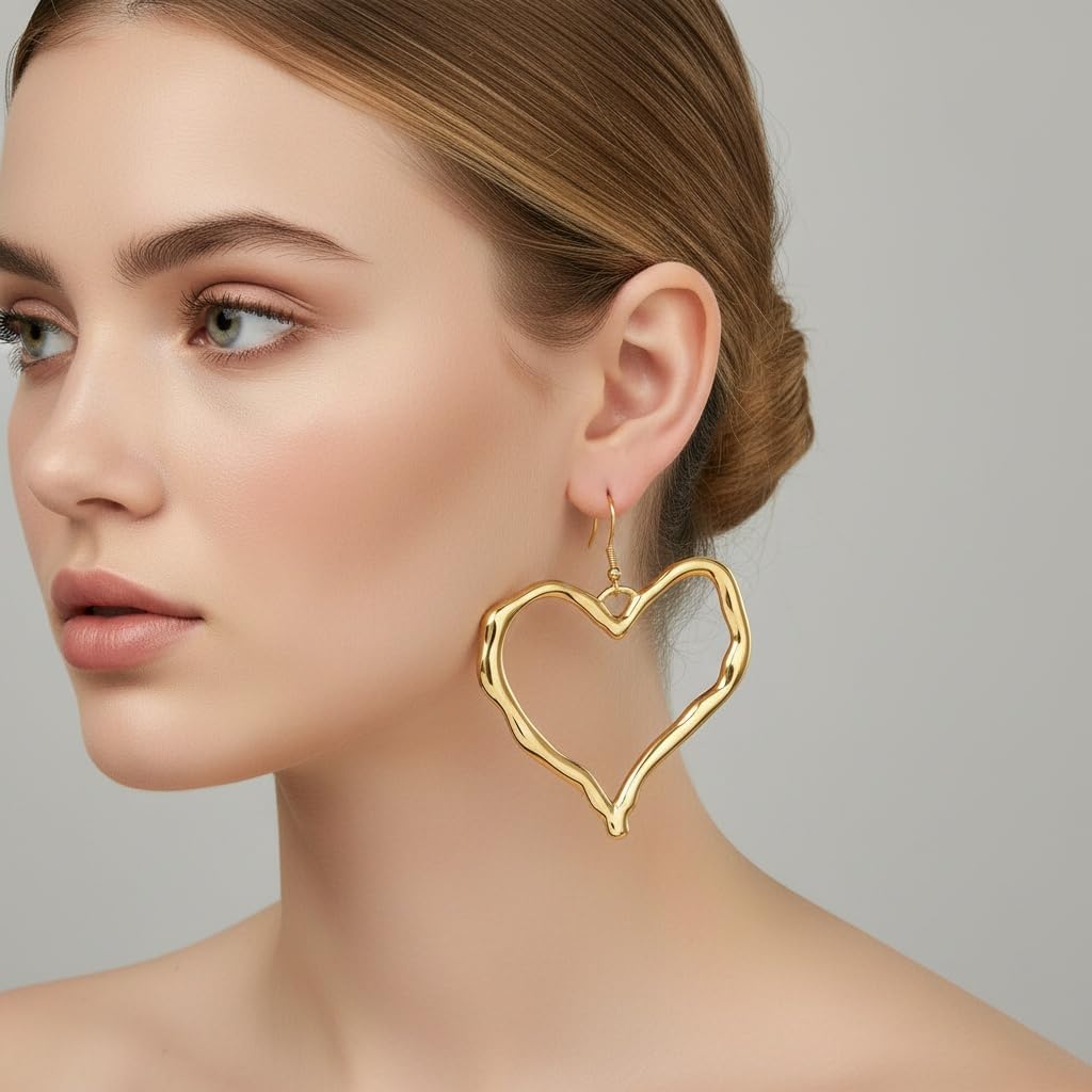 Gold Heart Earrings for Women Chunky Gold Silver Heart Earrings Hollow Metal Big Hearts Dangle Stud Earring Exaggerated Minimalist Valentine's Day Heart Earrings Valentines Day Jewelry Outfits Accessories - Image 4