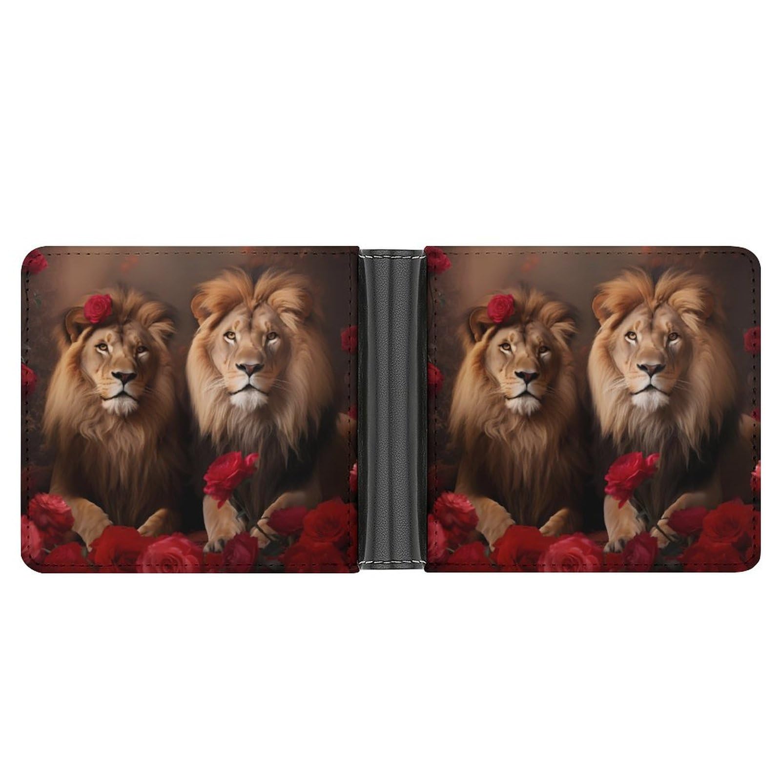 Two Lions And Red Roes Funny Men's Slim Bifold Wallet with Multiple Card Slots Front Pocket Purse