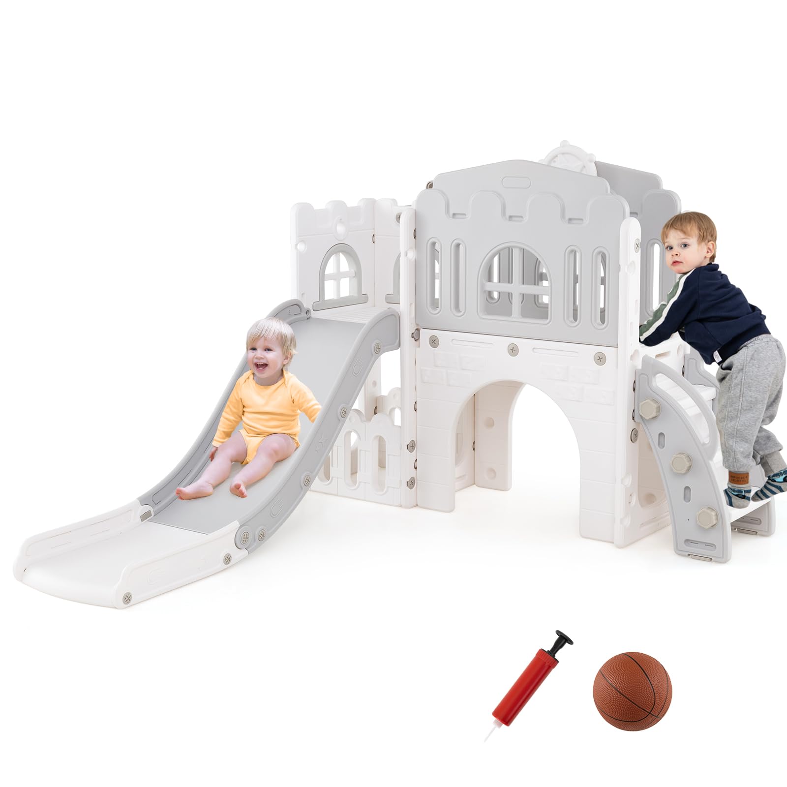 COSTWAY Toddler Slide, 9 in 1 Kids Slide Playset with Basketball Hoop, Telescope, Steering Wheel, Aisle, Tunnel & Storage Space, Indoor Playground for Boys Girls Ages 1+ (Gray)