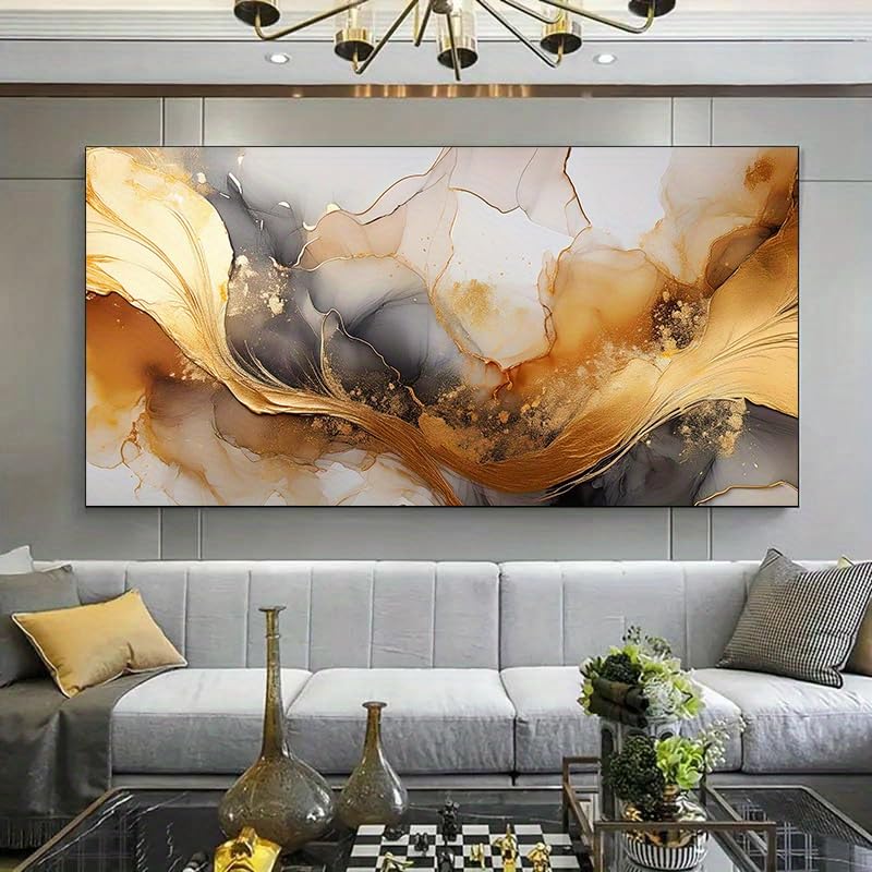 UUDEZO Tableau abstrait moderne encadré sur toile, motif tourbillons cuivrés et dorés, idéal pour la décoration murale de votre salon (80 x 160 cm / 31 x...