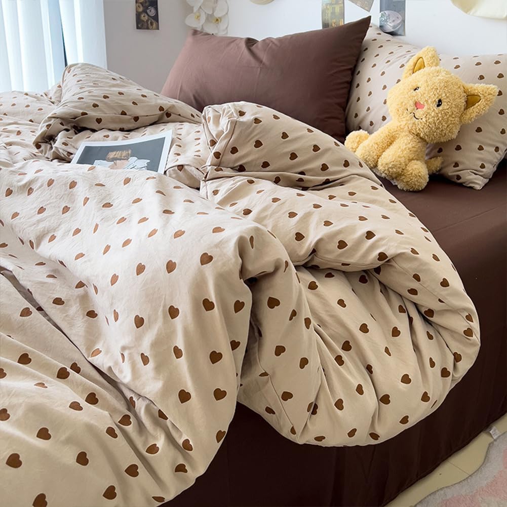 Light Khaki Duvet Cover Queen Chocolate Brown Love Heart Bedding Set for Girls Boys Simple Fashion Love Heart Shaped Pattern Comforter Cover Reversible Soft Microfiber 3Pcs Zipper Closure