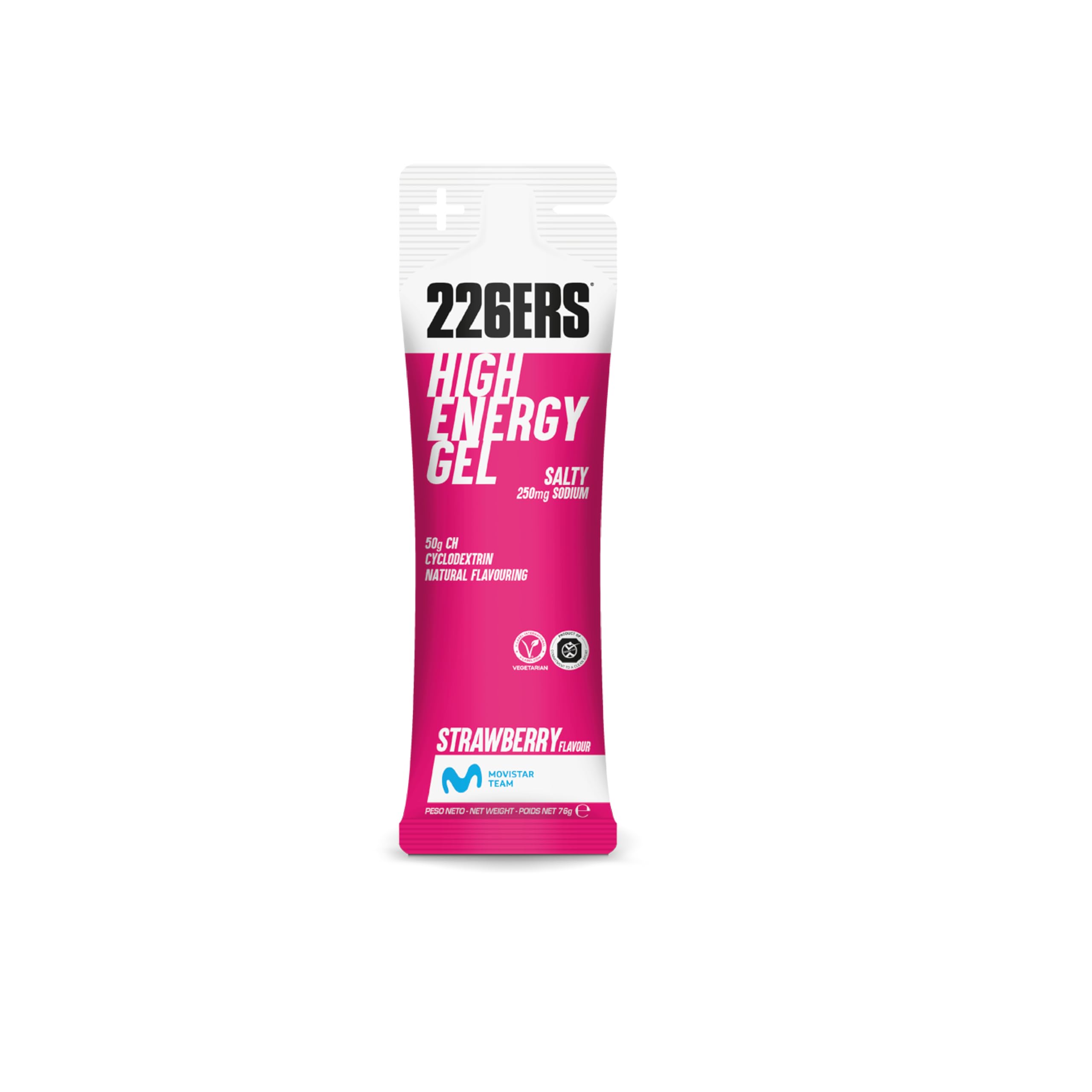 226ERS High Energy Gel, Gel Energético Deportivo, Fresa 24 x 76g | 50g de hidratos, energía prolongada con ciclodextrina, rápido vaciado gástrico, mejor digestión, sin gluten, sin lactosa