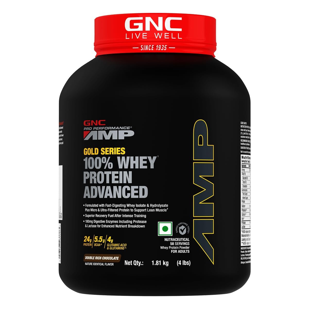 gnc amp gold series whey protein advanced | 4 lbs | lean muscle gains | intense workout | informed choice certified | 24g protein | 5.5g bcaa | 4g glutamine | double rich chocolate| formulated in usa