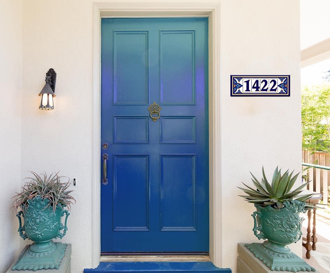 Elegant Mosaic Decorative Themed Ceramic Tile House Number Address Plaque (Blue, Large)