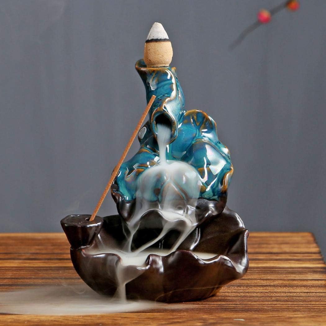 Ceramic Incense Burner, Zen Backflow Incense Holder Incense Stick Holder Lotus with 10 Free Cones Home Decoration Handicraft Gift (Blue, 9x9x11.5CM)