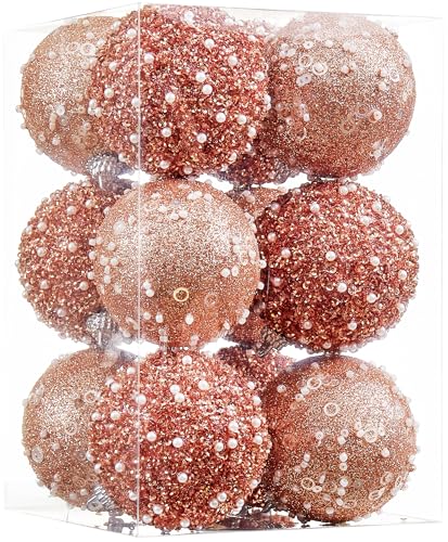ChrisWish 12CT Christmas Ball Ornaments, Rose Gold Christmas Ball Decorations Shatterproof Plastic Hanging Pearl Balls for Holiday Party(70mm/2.76")