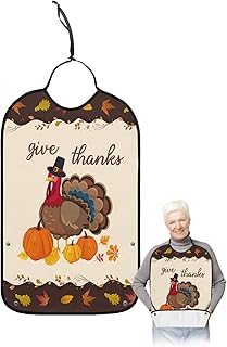 BOBOWUNY Thanksgiving Adult Bibs for Elder Women Men Eating, Hello Fall Pumpkin Maple Leaf Turkey Waterproof & Washable Bibs for Eating Clothing Protector Dining Bibs for Crumb Catcher
