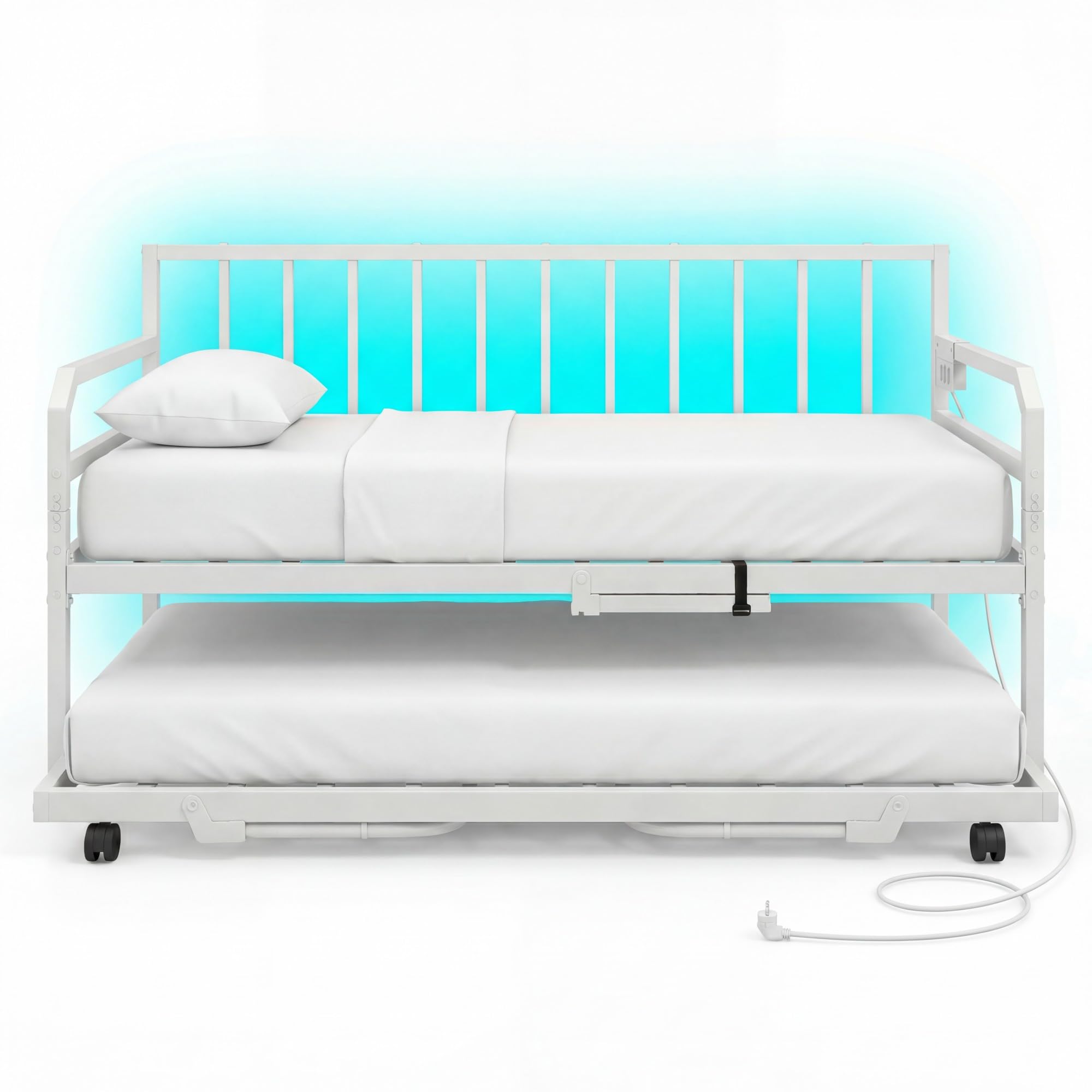 KOMFOTTEU Estructura de Sofá Cama Extensible de 2 Plazas 90 x 200 cm, Cama Nido de Metal con Luces LED, Estación de Carga, Listones Resistentes, para Salón, Dormitorio, Apartamento (Blanco)