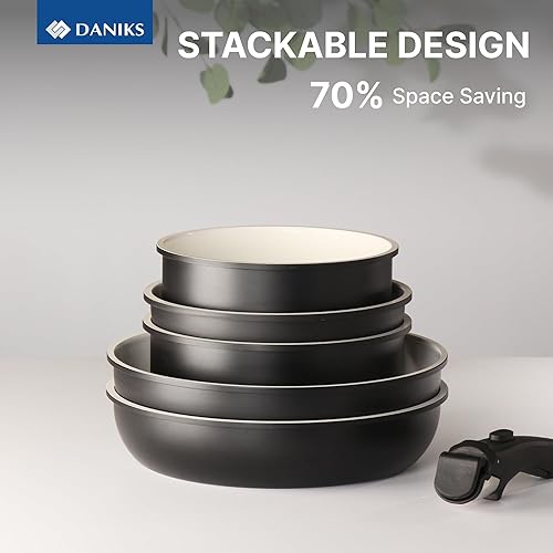 Miniatura 7 de Daniks Juego de utensilios de cocina antiadherentes de 9 piezas, ollas y sartenes de inducción de cerámica con asas de silicona desmontables, apto