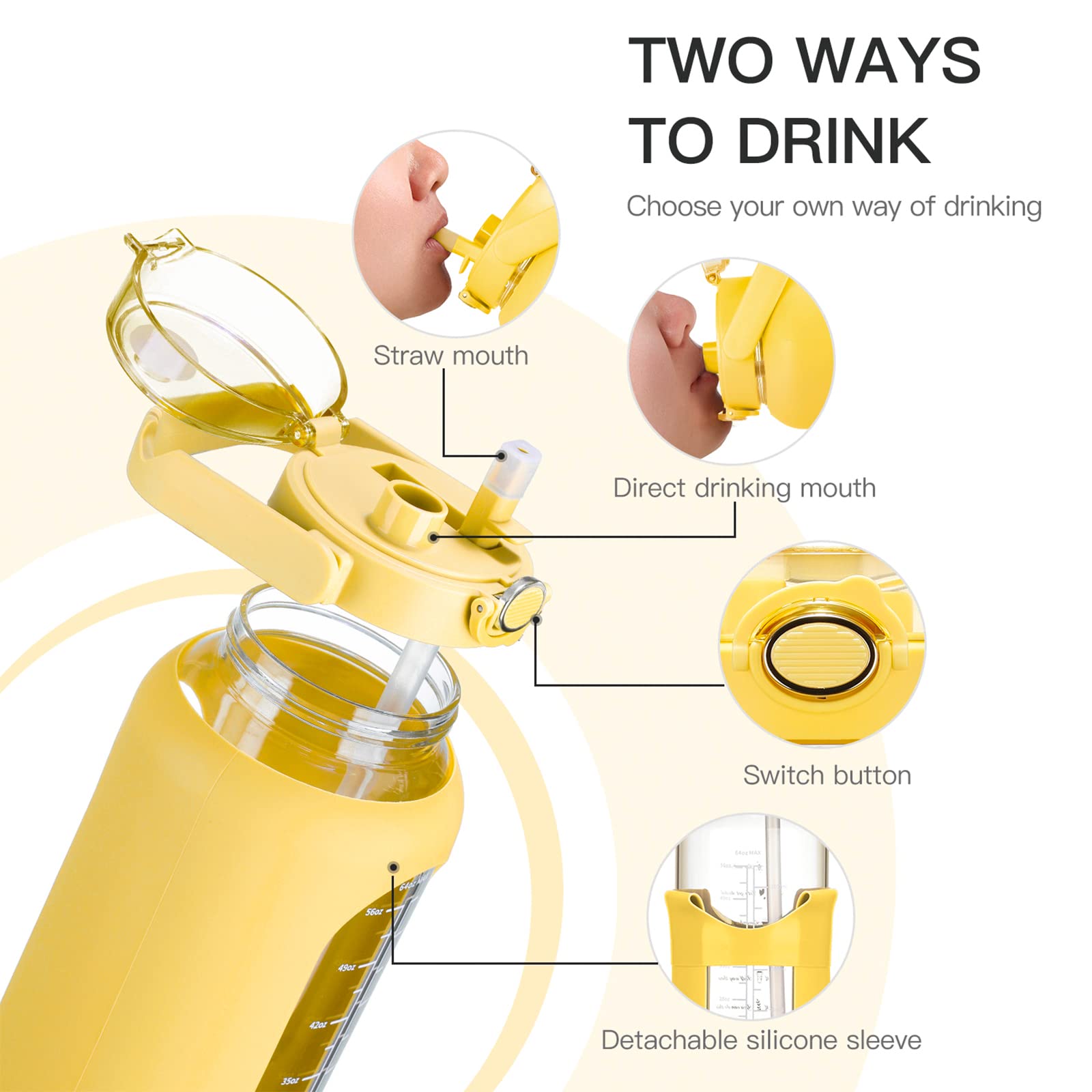 chunmo Borraccia in vetro da 1,2 l, 1,5 l, con cannuccia, da mezzo gallone, con indicatore del tempo, con custodia in silicone e coperchio con manico, per allenamento in palestra