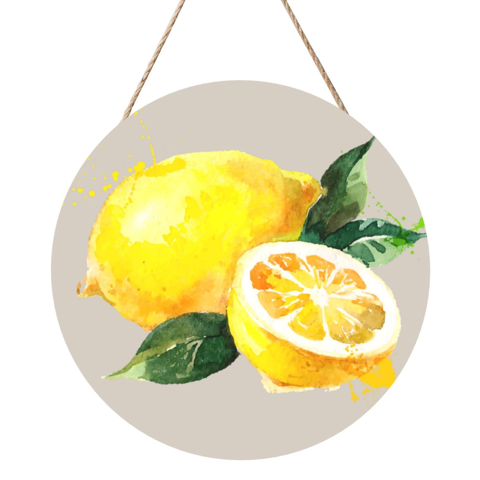InOmak Watercolor Summer Fruit Lemons Slich Leaves, Round Wood Panel Painting 12 in, Wall Hanging Painting For Home