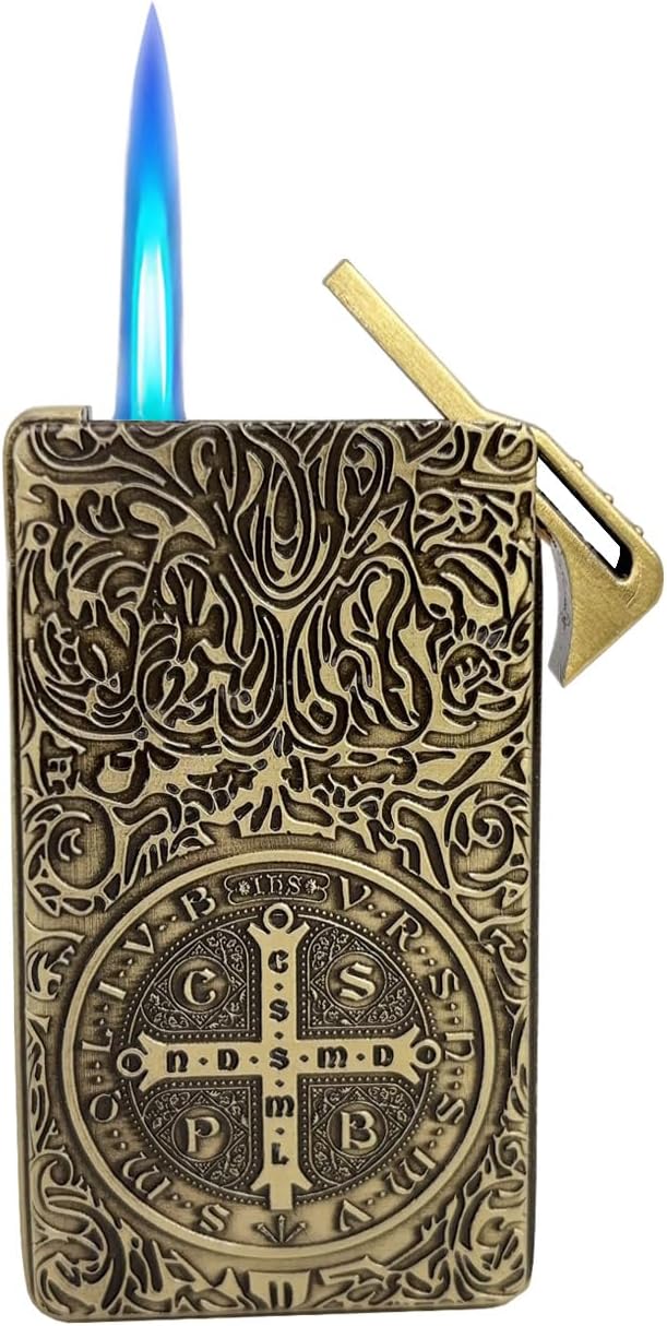 St. Benedict Metal Lighter, Refillable Torch Butane Windproof Lighter with Keyhole for Collection, Decorative Gift (Butane Not Included) (Bronze)