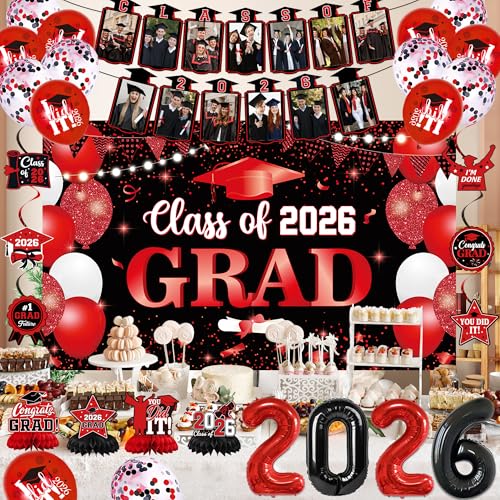 Image of Holkcog 2026 Graduation Decorations, Black Red Class of 2026 Congrats Graduation Backdrop, Balloons, Honeycomb ornament for Graduation Party Decorations, Outdoor Indoor Grad Party Decor Supply