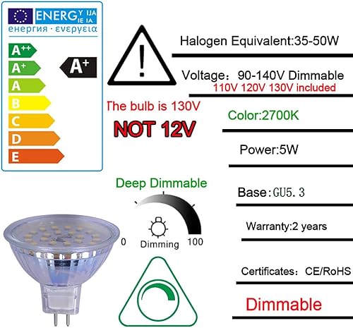 Miniatura 10 de mr16 120V regulable 5 W 6000 K luz blanca fría luz blanca LED bombilla lámpara halógena 50 W reemplazo para lámpara de seguimiento (120 V regulable