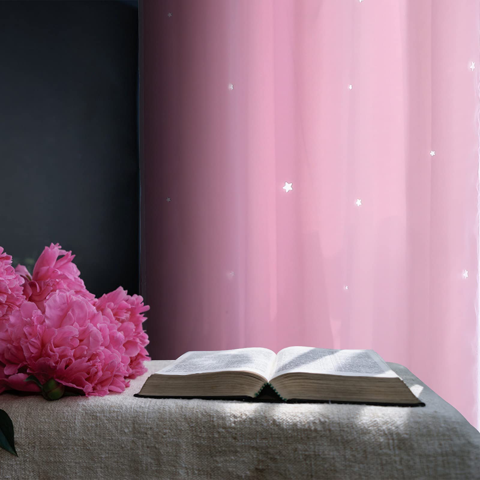 VORCOOL Rideau Occultant de Motif Étoiles Creuses avec Double Gaze pour Salon Chambre (Rose)