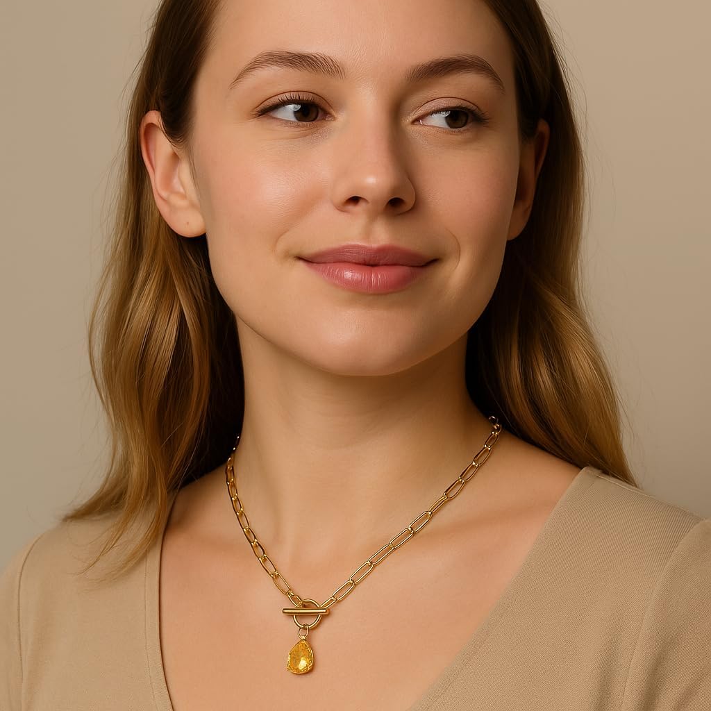 Paperclip Toggle Necklace 18K Gold Plating 8 * 10mm Teardrop Cut CZ Birthstone Pendant Paper Clip Chain Necklace Gemstone Crystal Jewelry Gift for Women - Image 3