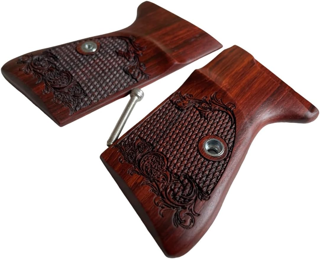 New Handmade reproductive Padauk Wood Grips Compatible with Compatible with PPK/S, PP, New PPK/S .22 LR, Checker and Flower Engraved #PPKS01