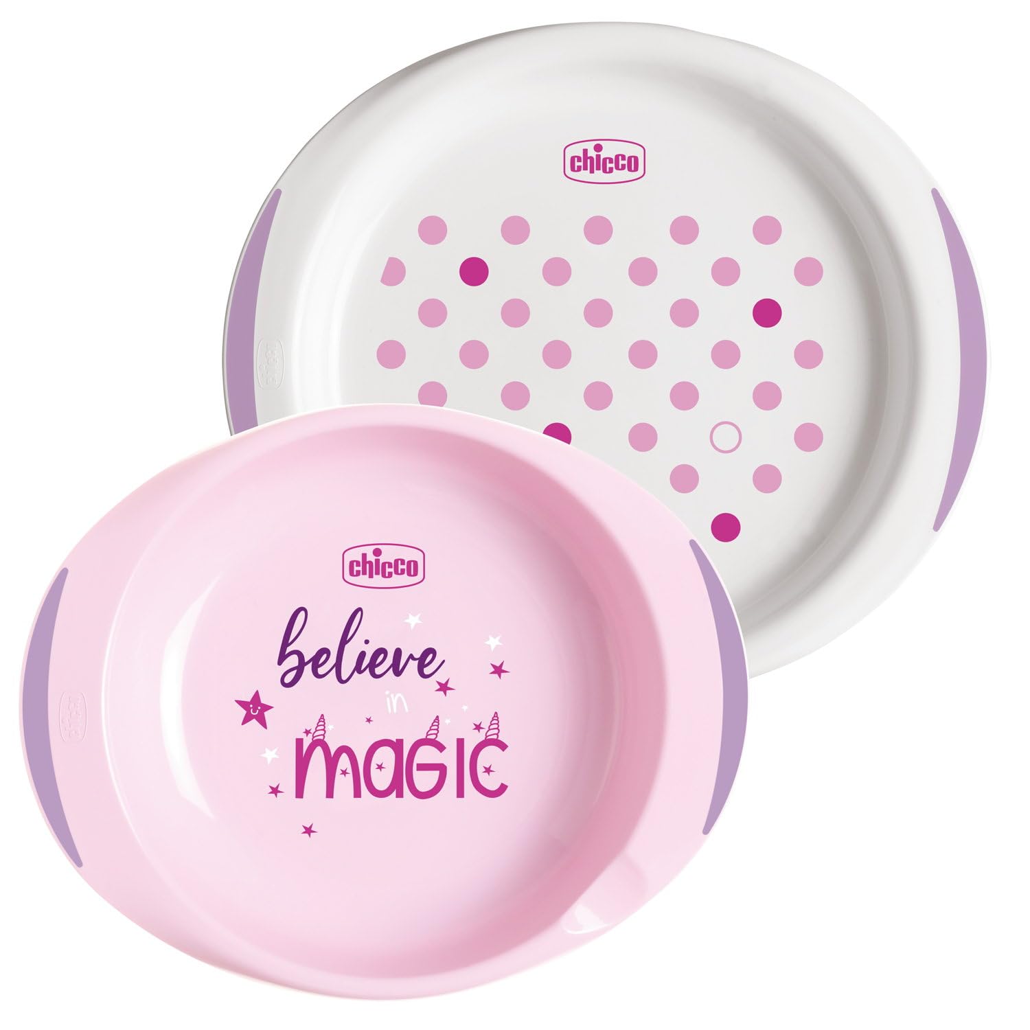 Chicco Set Piatti Bambini, Set Pappa Svezzamento con 1 Piatto Fondo e 1 Piatto Piano, Alette e Base Antiscivolo, Presa Facile ed Ergonomica, Appoggio per Cucchiaio, 2 Pezzi - 12+ Mesi, Rosa