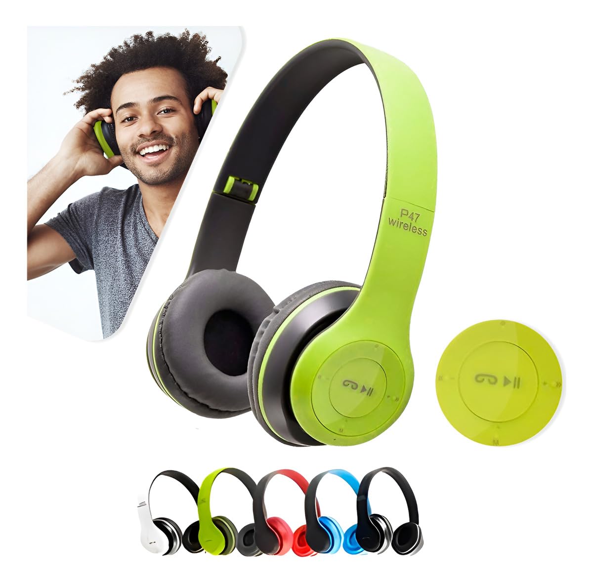 Fone de Ouvido Bluetooth Headphone P47 Sem Fio Wireless Micro Sd 5.0 Dobrável Com Microfone Regulável Para Corrida Academia Escritório Caminhada Reunião Linha Premium (verde)