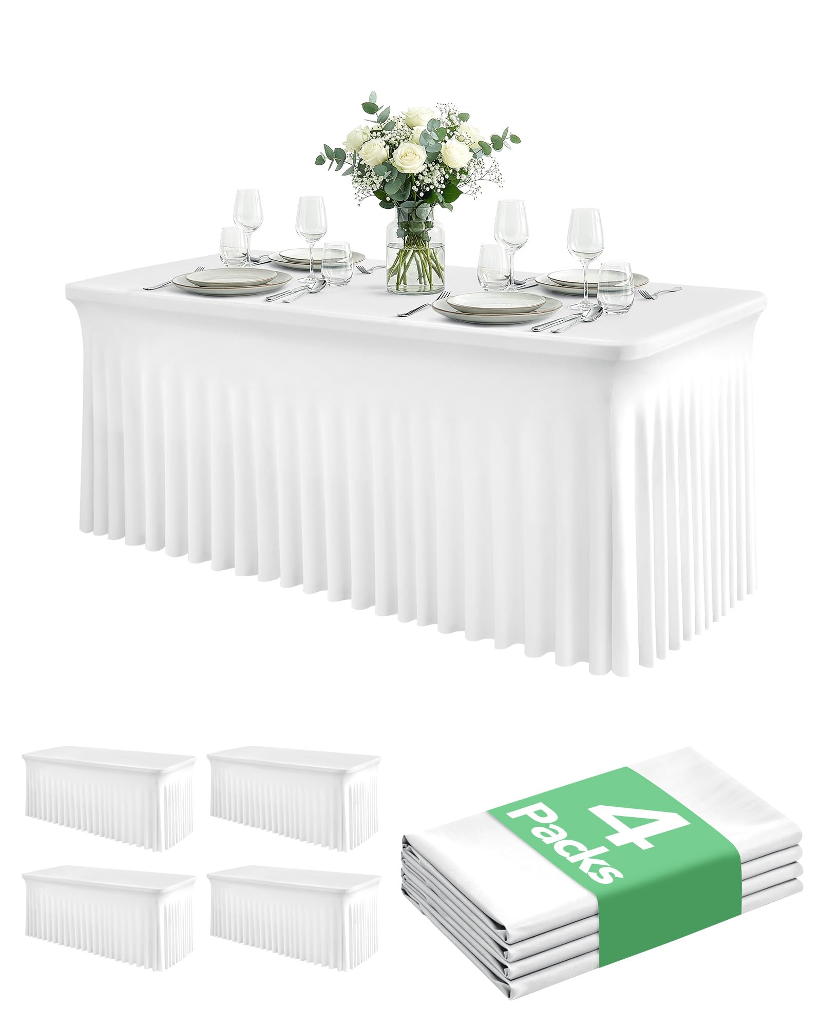 Photo 1 of 4 Pack Spandex Table Cover Skirts for 4 ft Rectangle Tables, White Stretch Table Cloths with Floor-Length Ruffle, Elastic Fitted Skirted Tablecloth for Elegant Wedding Banquet Party Buffet Decoration