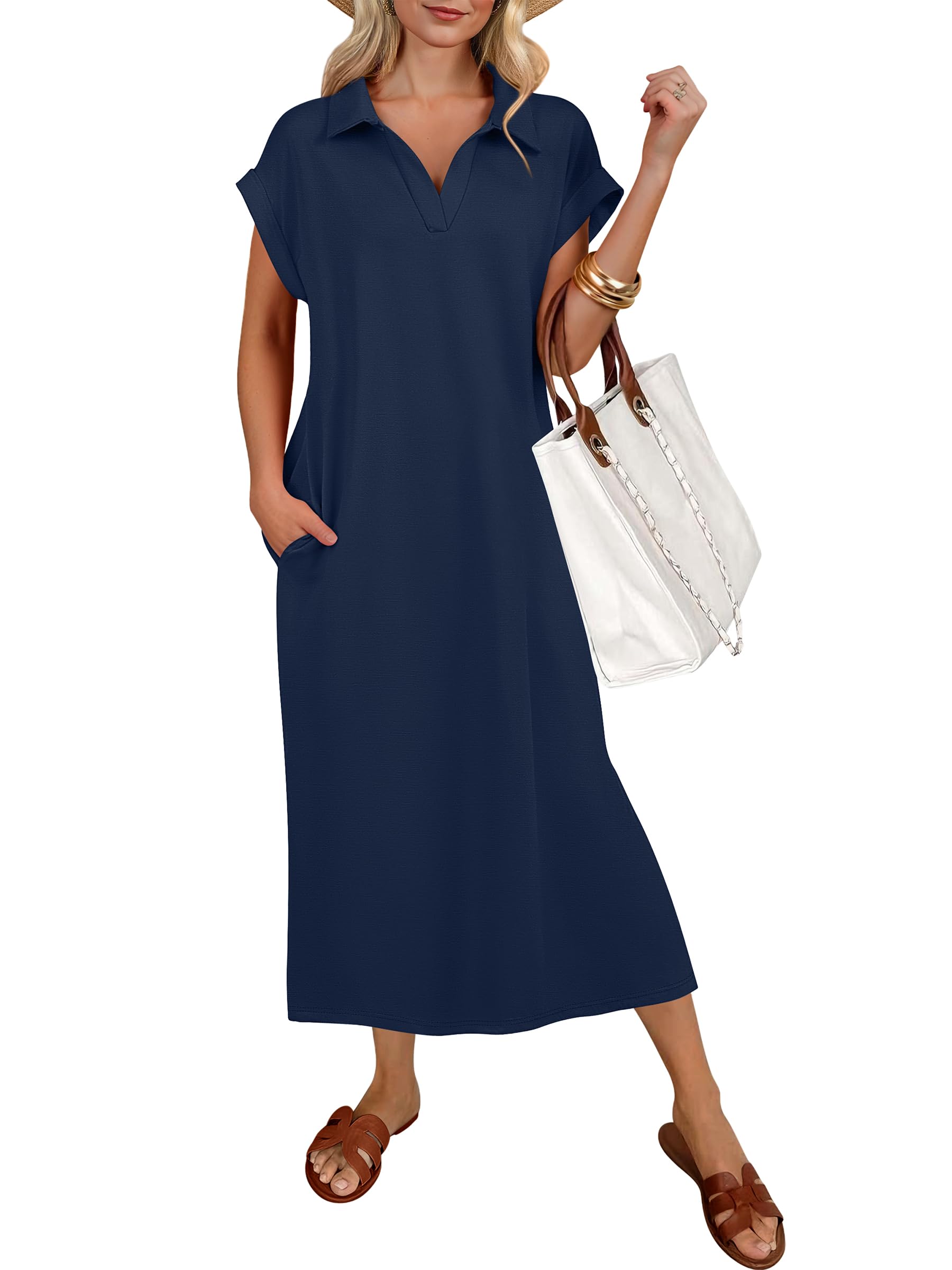 ANRABESS Polo V-Neck Maxi Dress