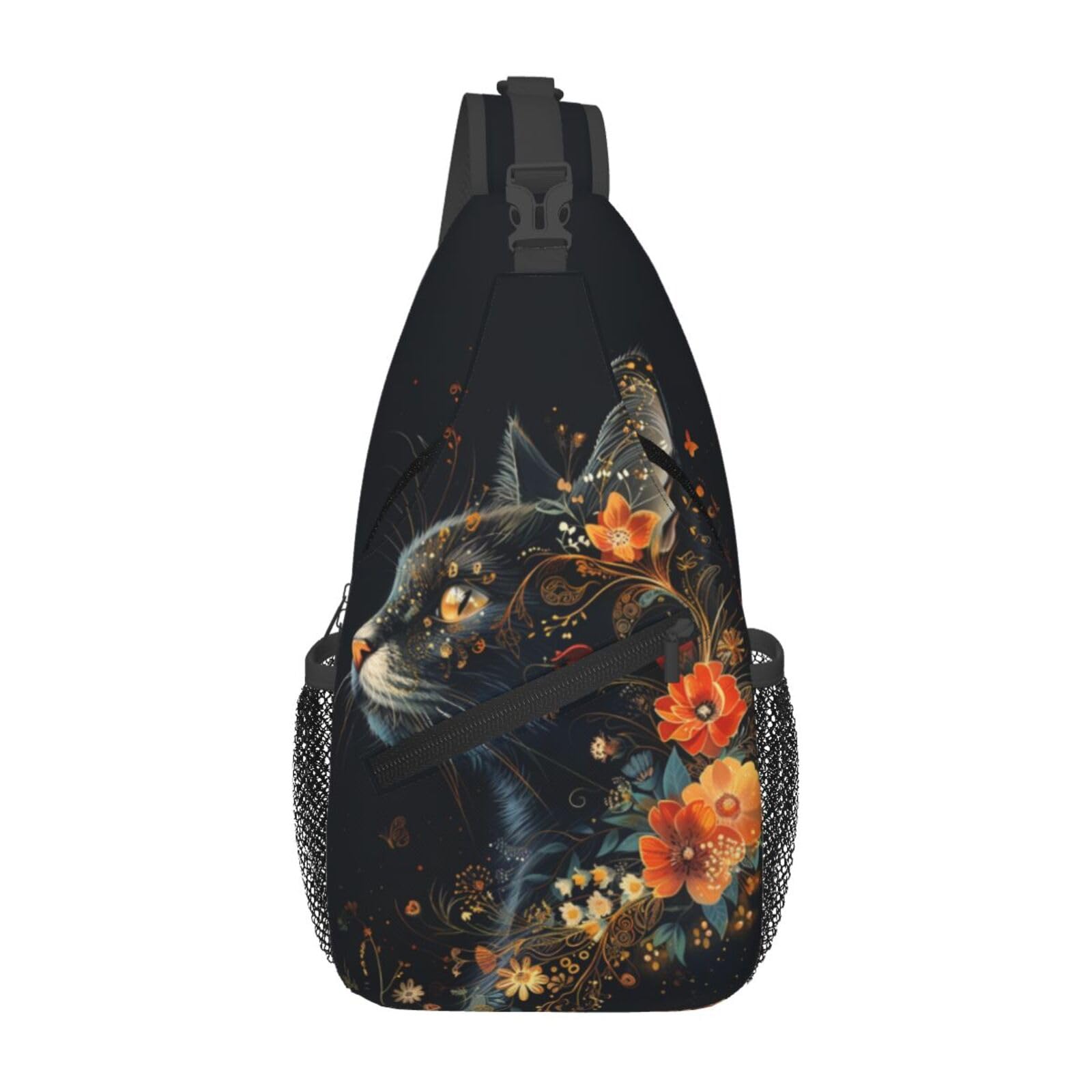 Krirteh Black Cat Sling Bag For Women Men Halloween Backpack Crossbody Cat with Flower Shoulder Bag Sling Backpack Chest Bag Travel Hiking Casual